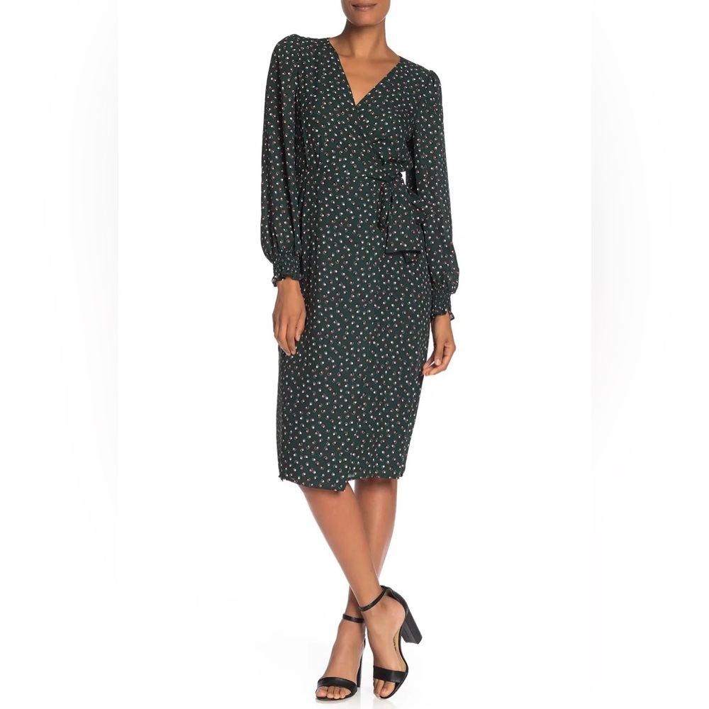 MAX STUDIO Multi Dot Long Sleeve Green Wrap Dress